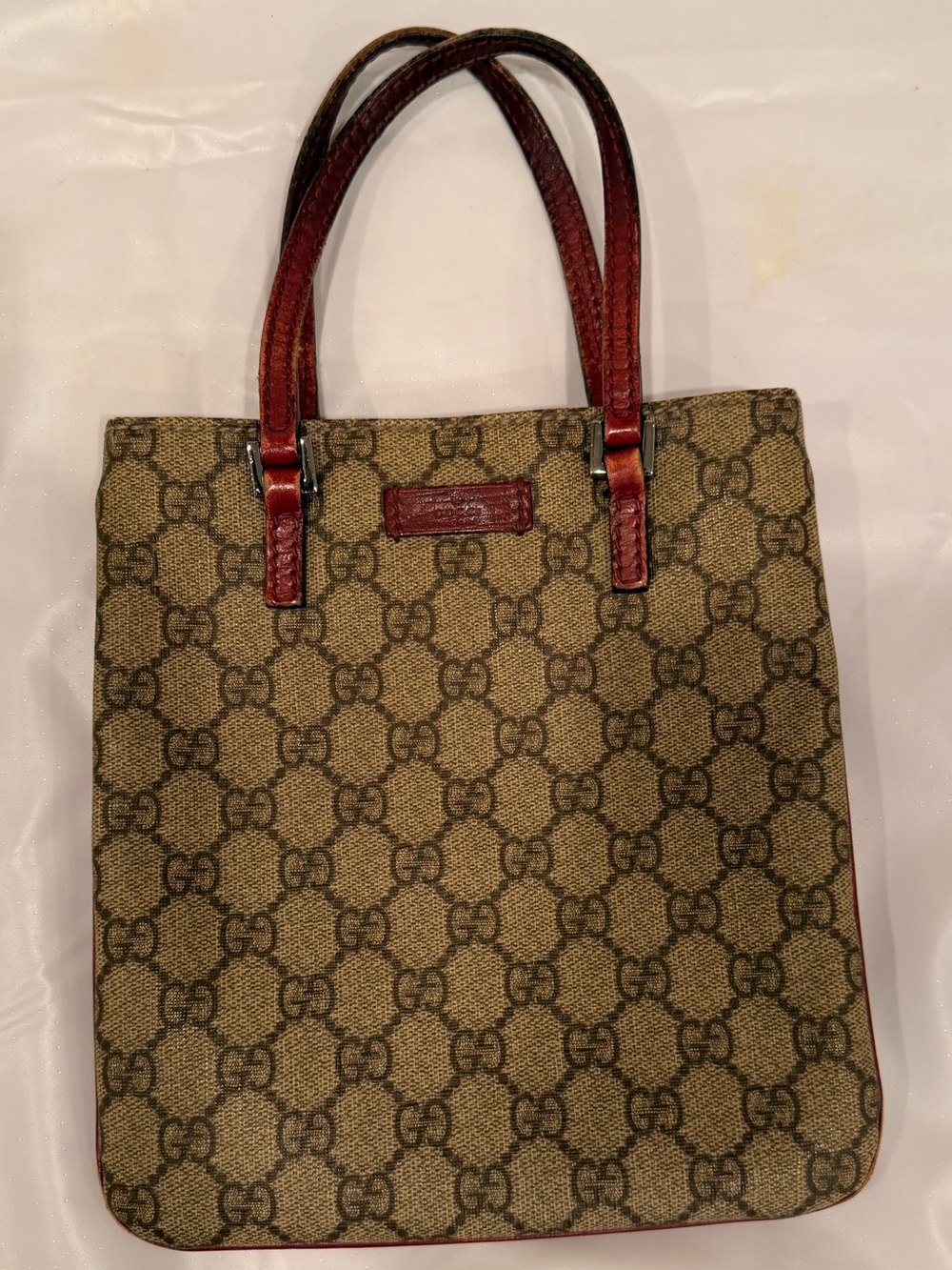 Gucci Beige Monogram Tote with Red Leather Handles